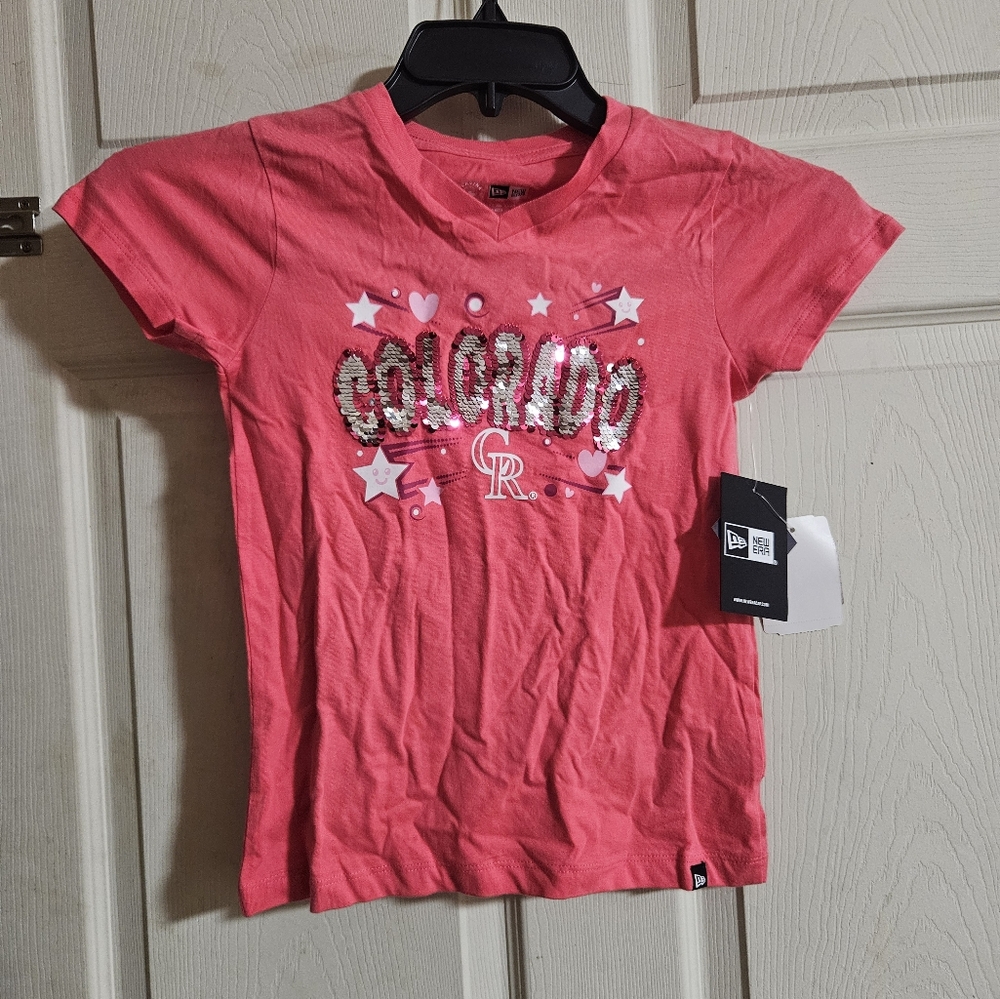 COLORADO ROCKIES NEW ERA GIRLS TEE: PINK: NEW WITH TAGS: SIZE 7/8